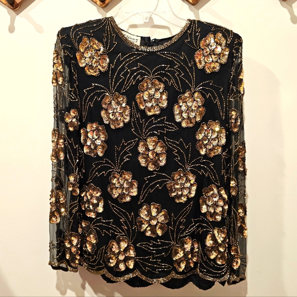 Vintage Sequins Silk Top Stenay Petite MEDIUM Black And Gold
